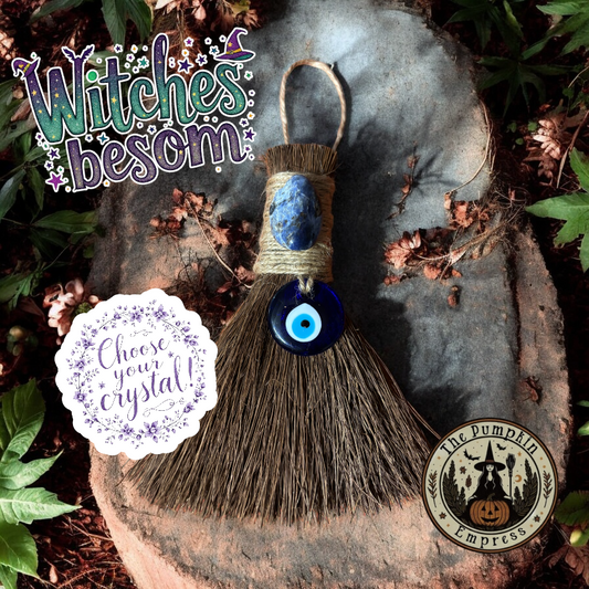 Evil eye protection witches broom, crystal witch altar besom