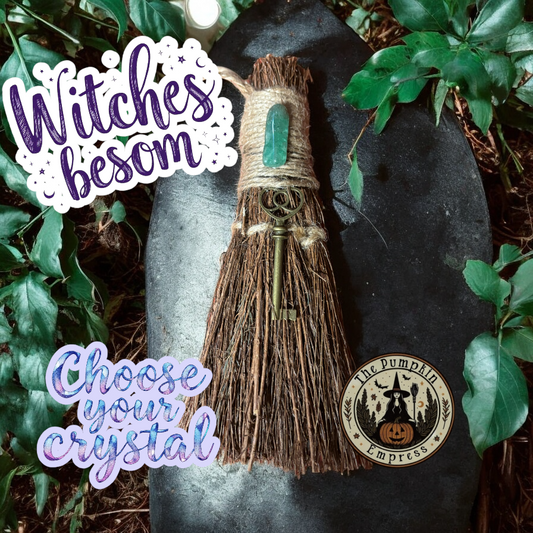 Skeleton key witches broom, crystal witch altar besom