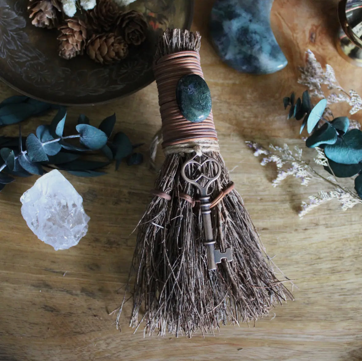 Skeleton key witches broom, crystal witch altar besom