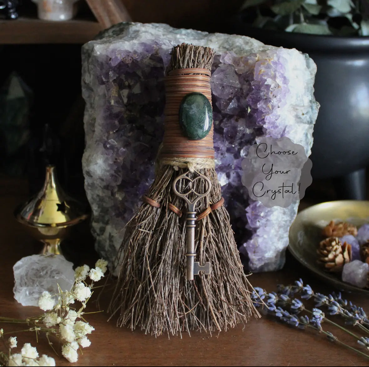 Skeleton key witches broom, crystal witch altar besom