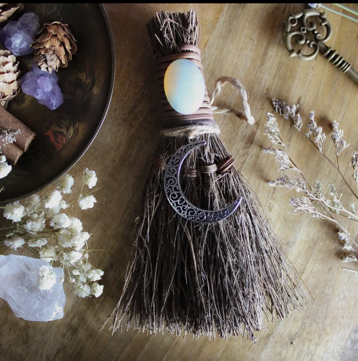 Crescent moon witches broom, crystal witchy altar besom