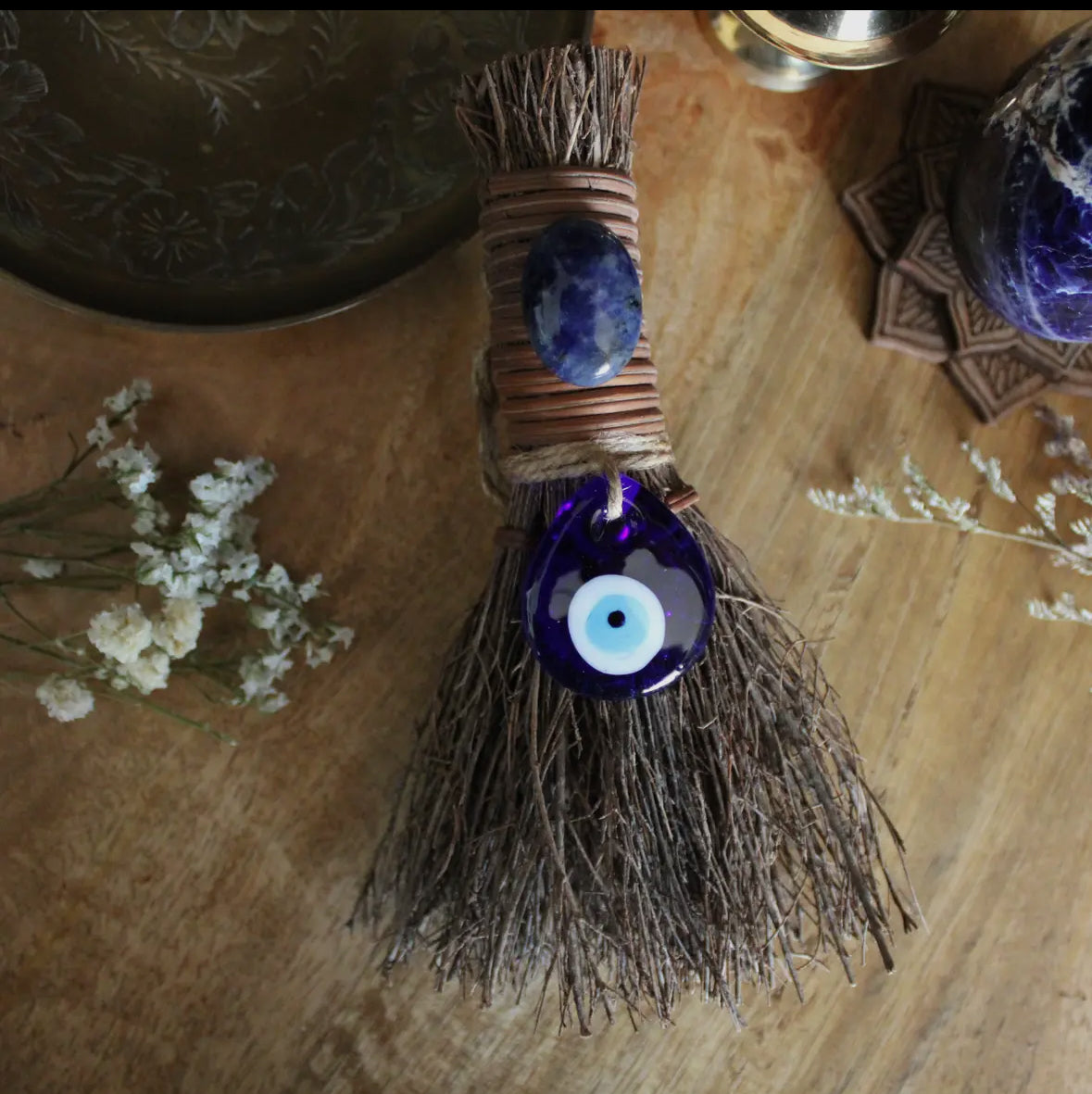 Evil eye protection witches broom, crystal witch altar besom