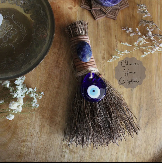 Evil eye protection witches broom, crystal witch altar besom