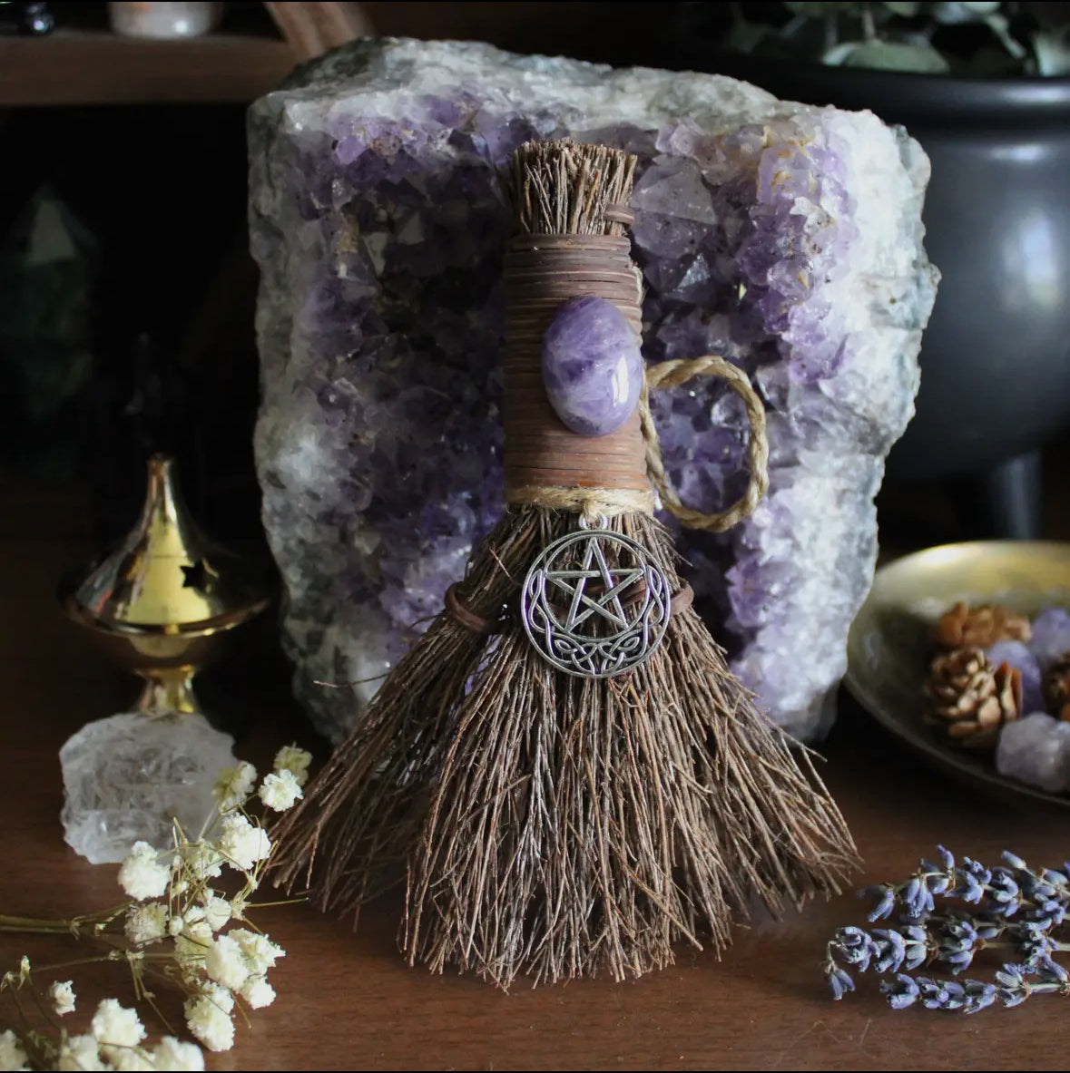 Celtic pentacle witches broom, crystal witchy altar besom