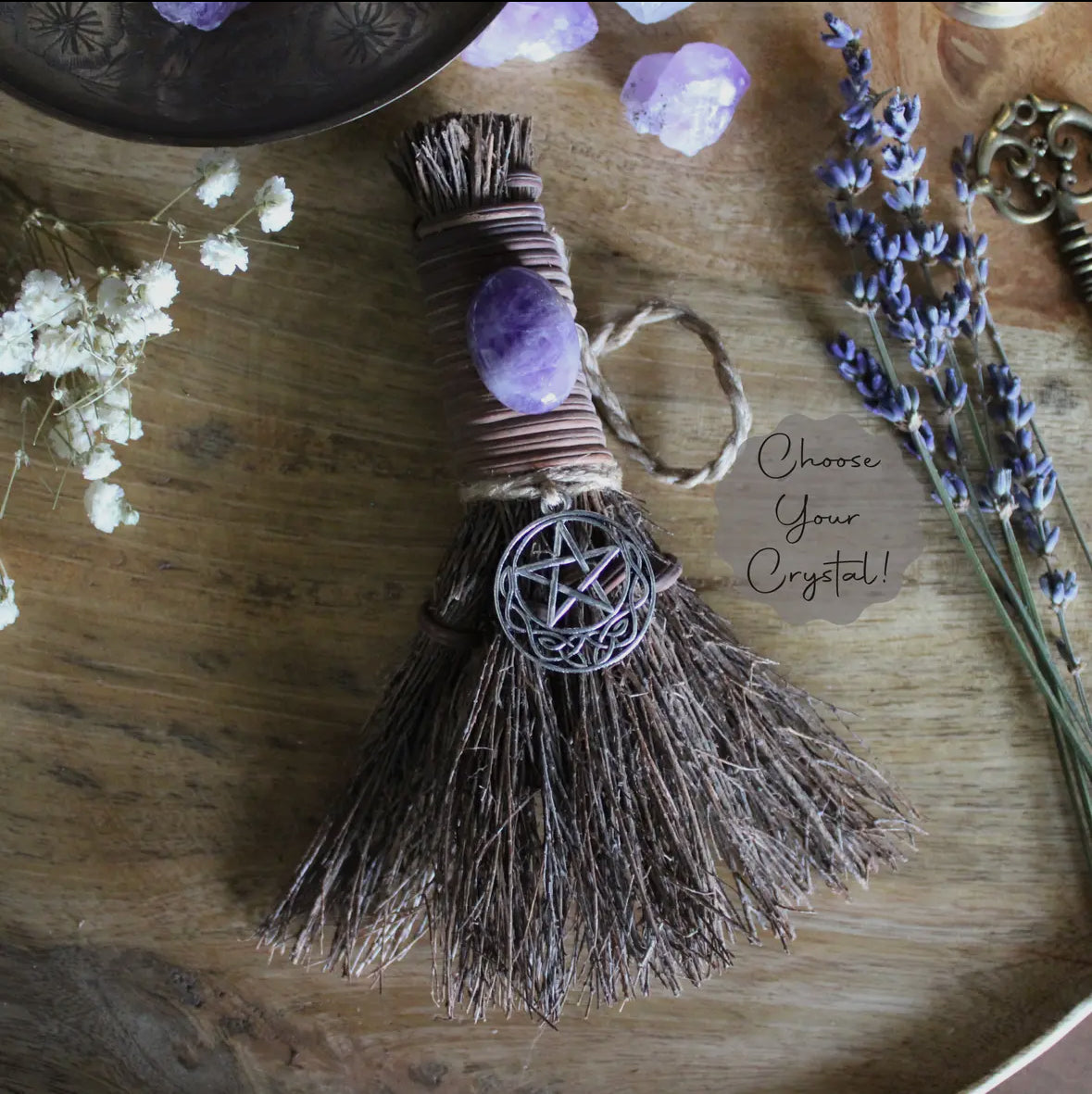 Celtic pentacle witches broom, crystal witchy altar besom