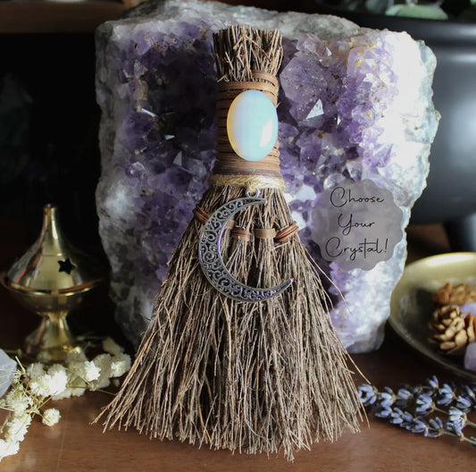 Crescent moon witches broom, crystal witchy altar besom