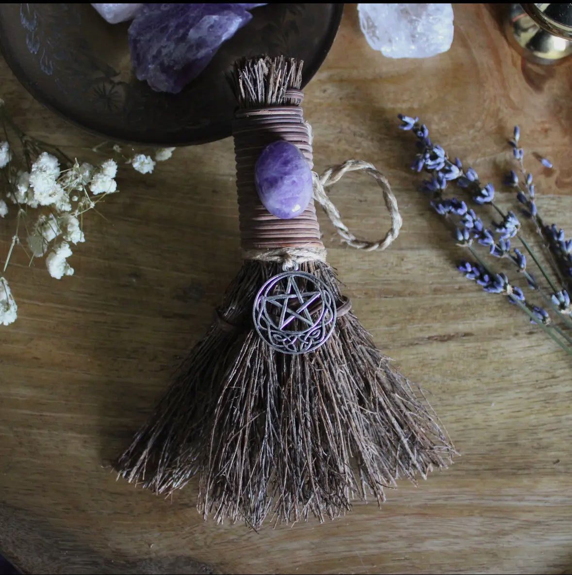 Celtic pentacle witches broom, crystal witchy altar besom