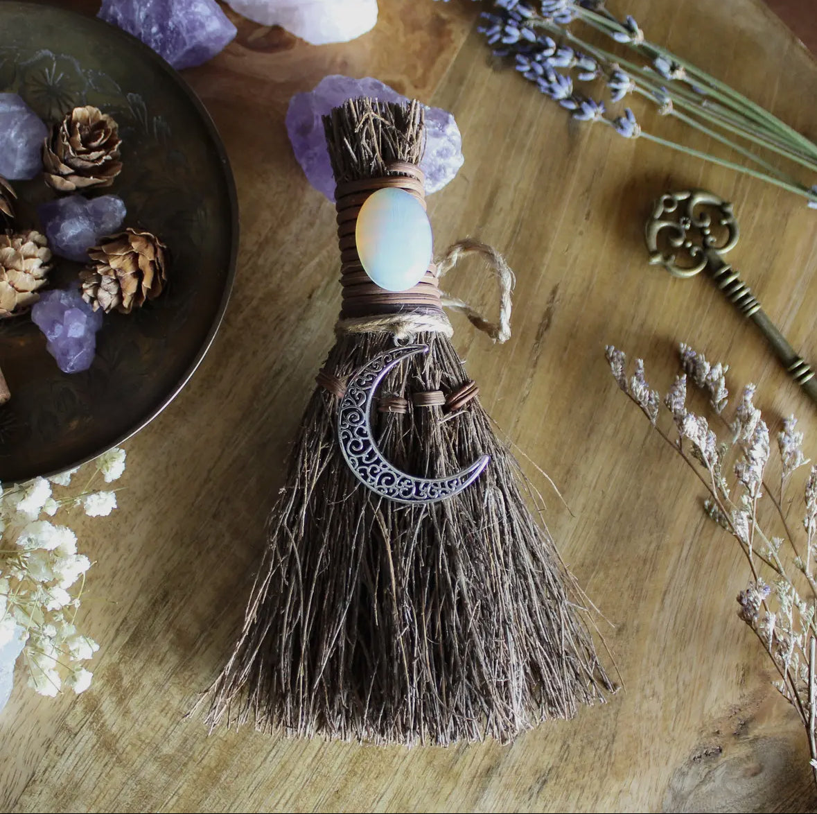 Crescent moon witches broom, crystal witchy altar besom