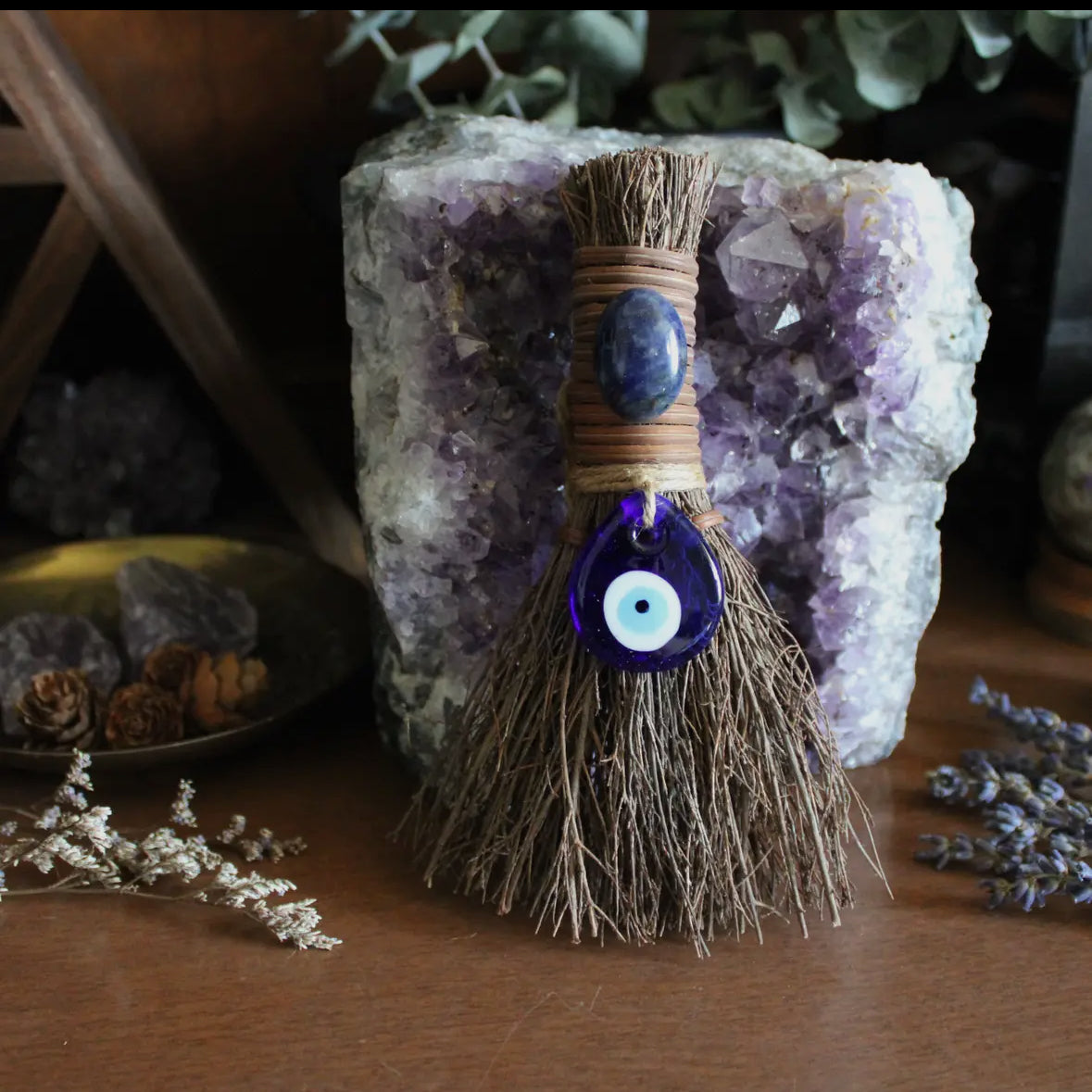 Evil eye protection witches broom, crystal witch altar besom