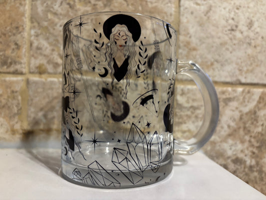 Glass mug with witch and crystals