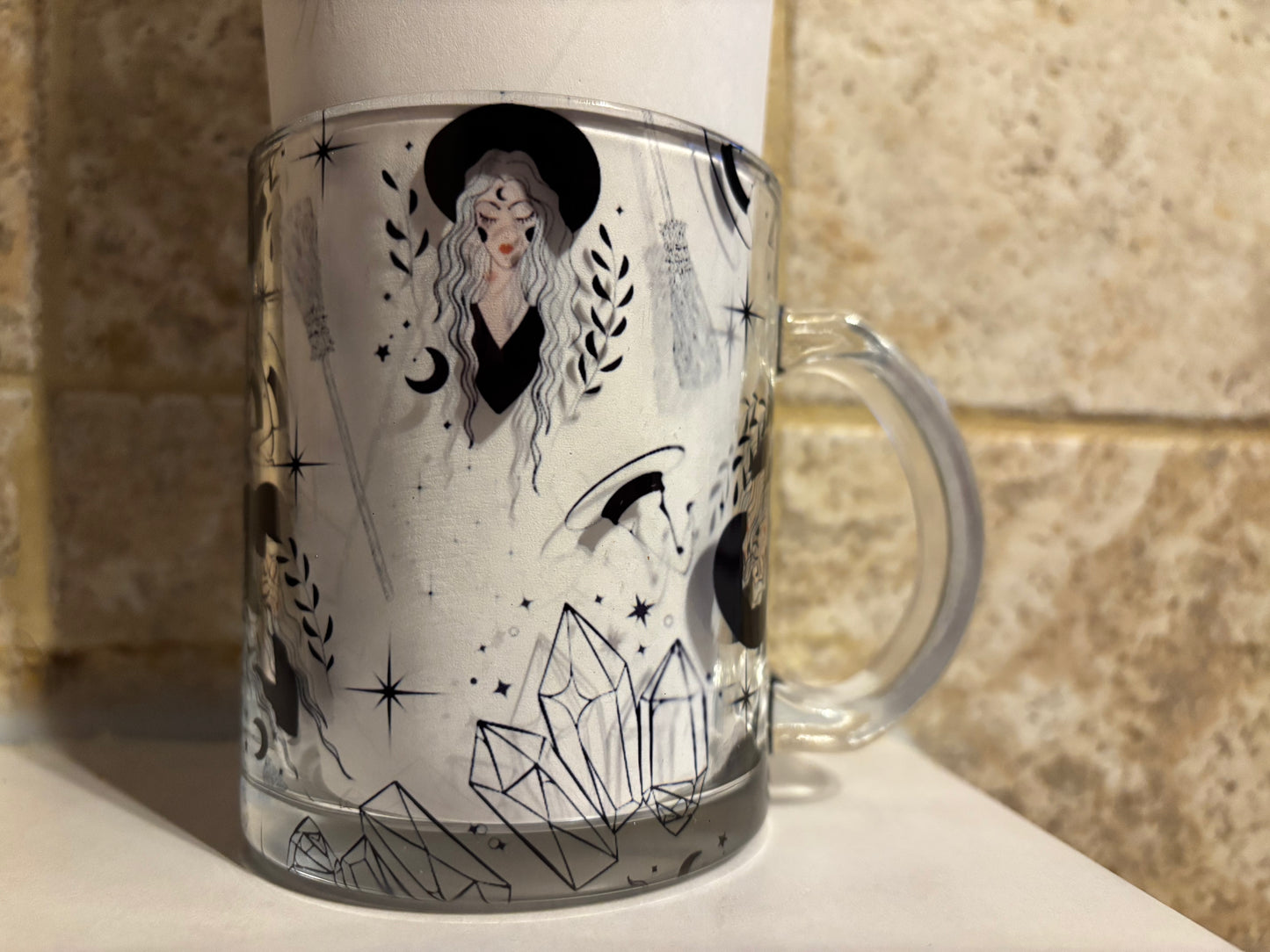 Glass mug with witch and crystals