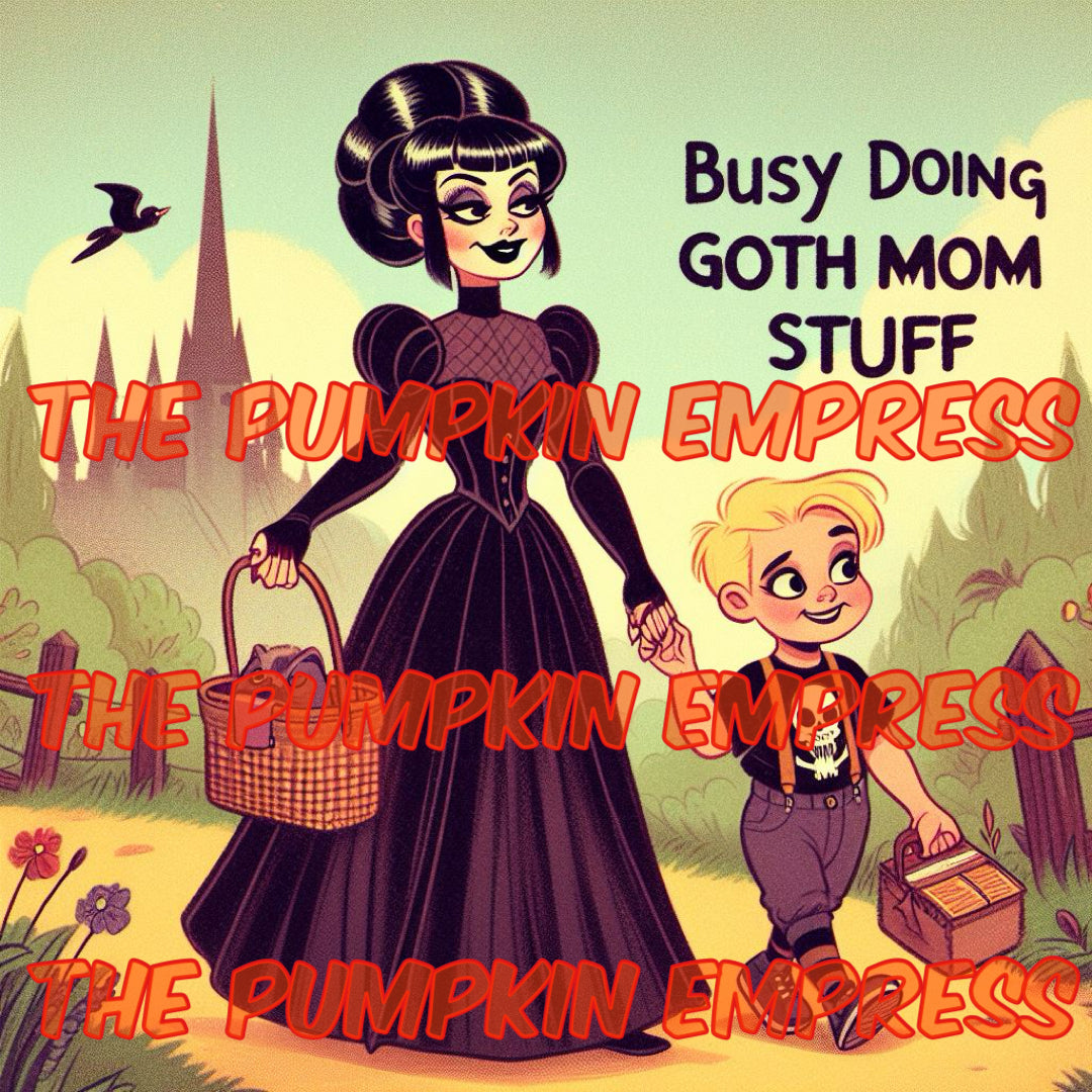 Goth mom picnic with son PRINT