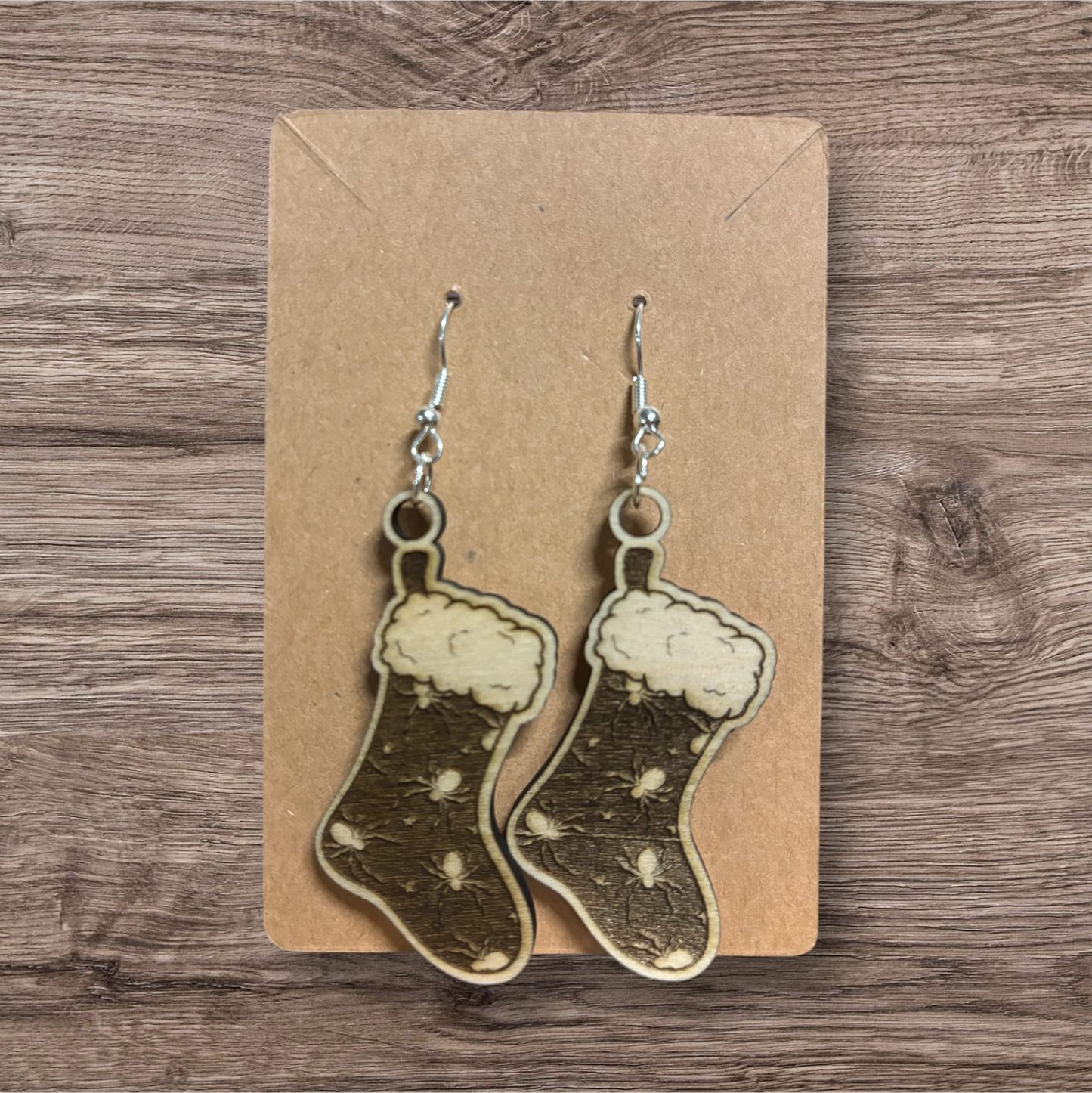 Spider stocking wood earrings